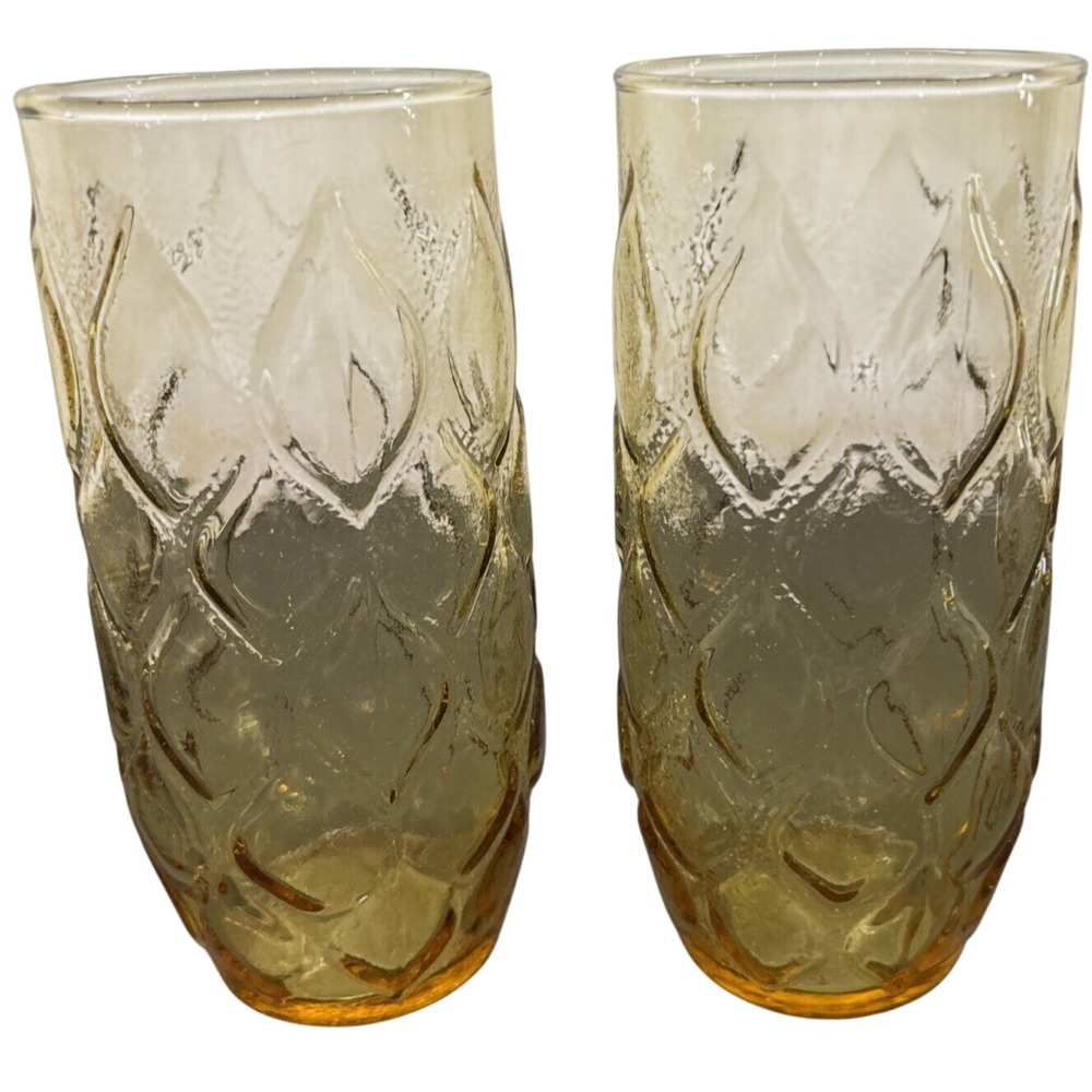 Set of 2 Amber Pressed Glass Leaf Pattern Textured Large Size 7" Glass Excellent